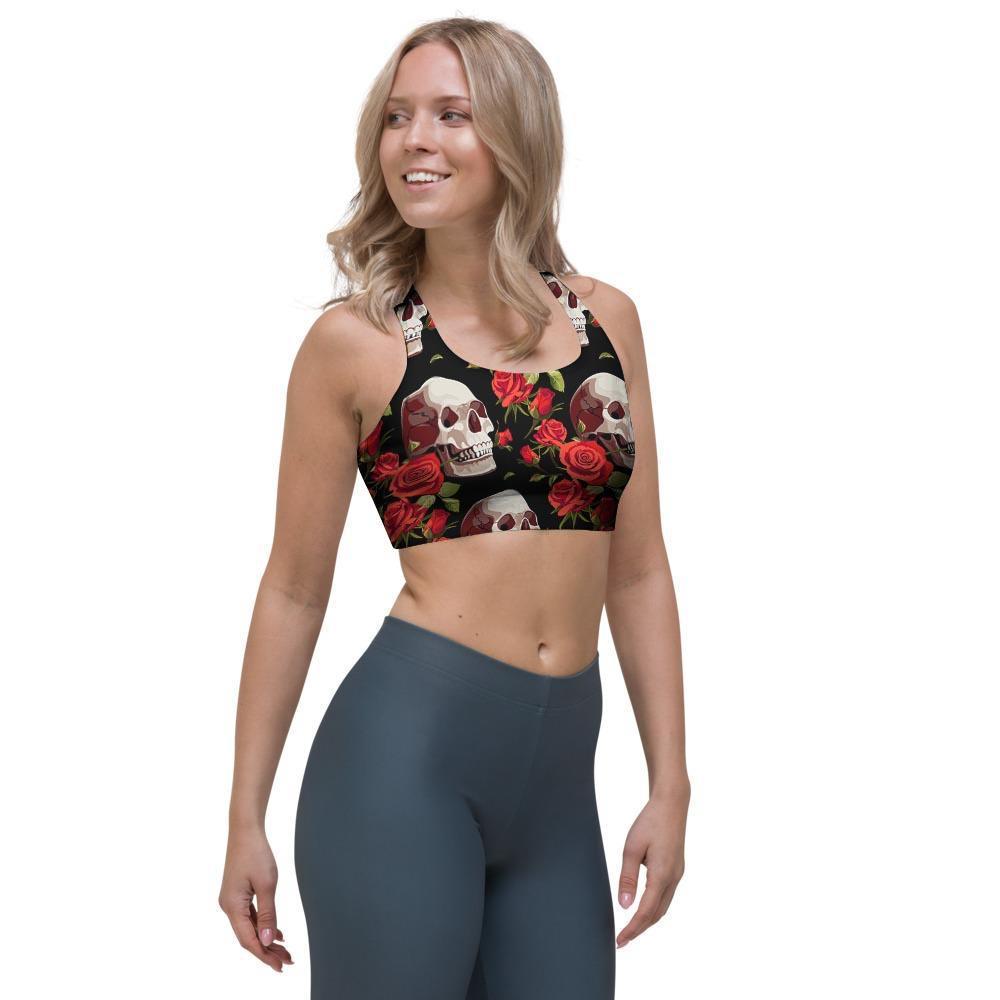 Red Rose Skull Sports Bra-grizzshop