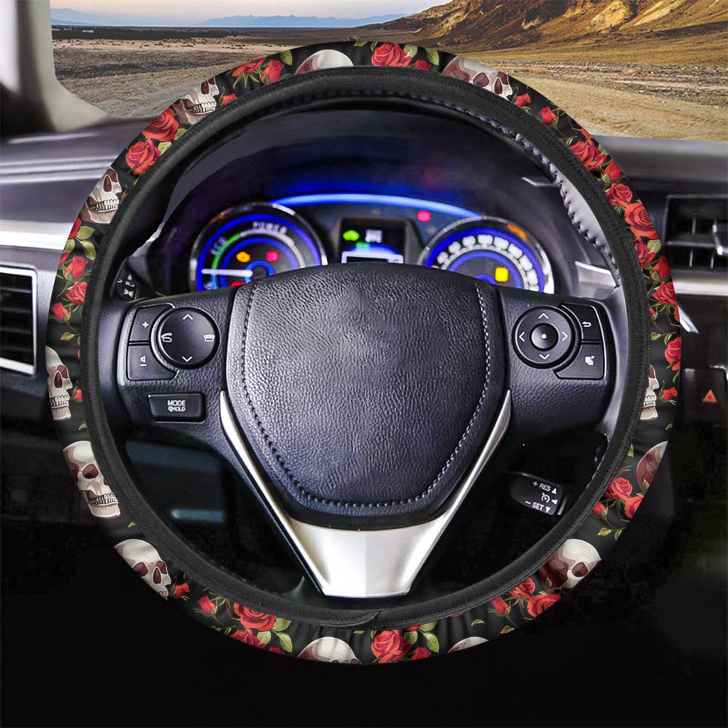 Red Rose Skull Steering Wheel Cover-grizzshop