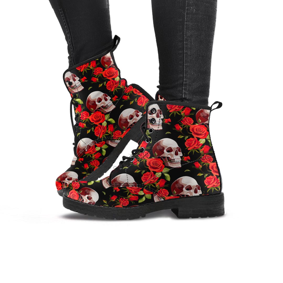 Red Rose Skull Women's Boots-grizzshop