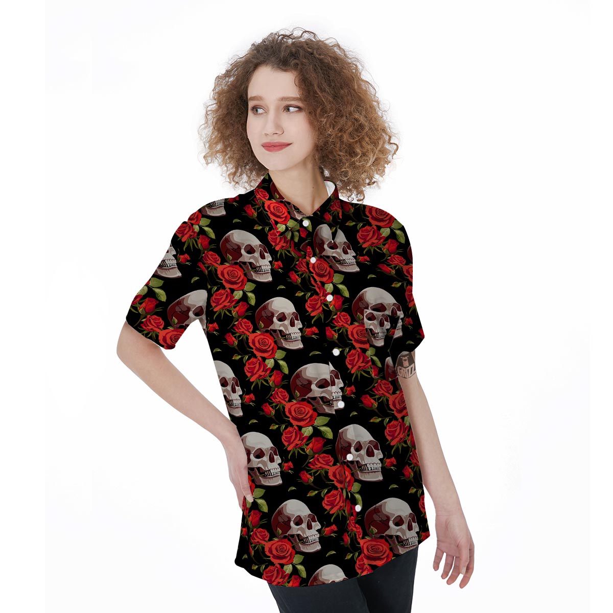 Red Rose Skull Women's Short Sleeve Shirts-grizzshop