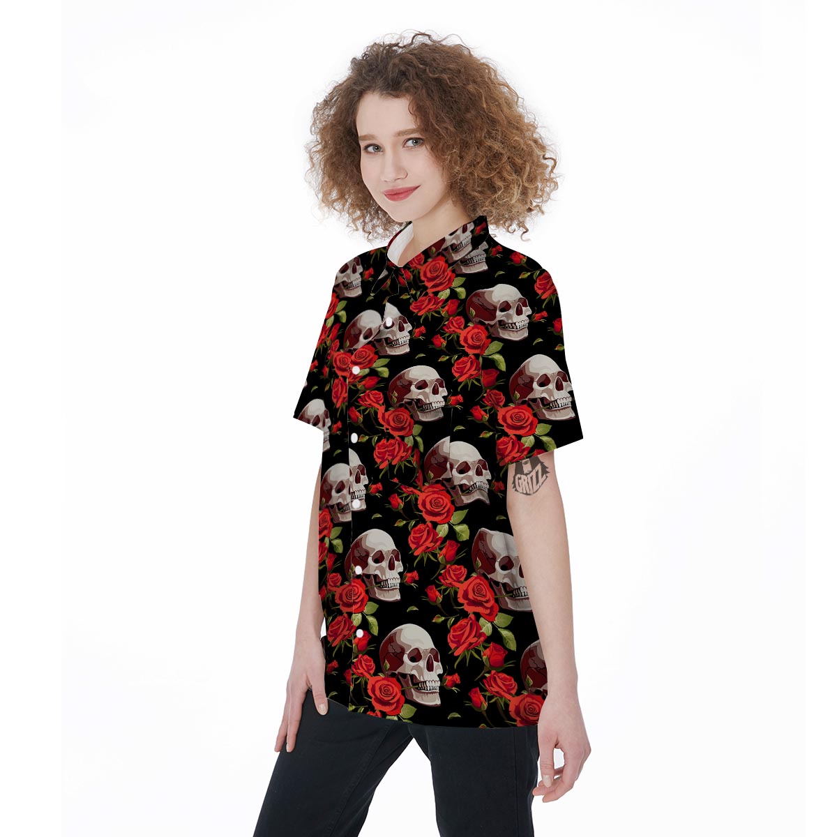Red Rose Skull Women's Short Sleeve Shirts-grizzshop