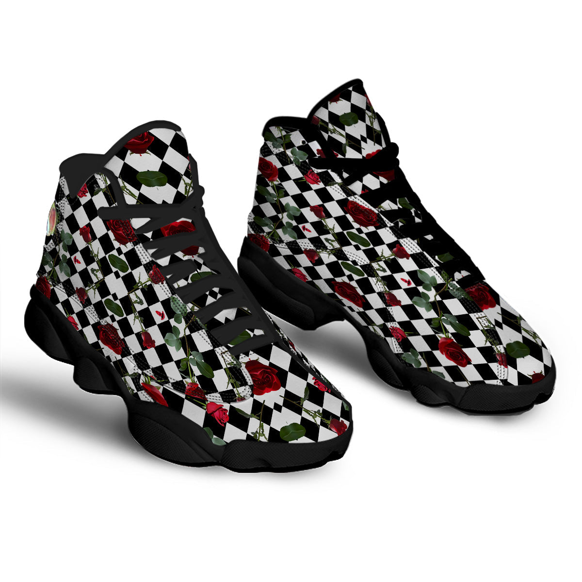 Red Roses And Argyle Print Pattern Black Basketball Shoes-grizzshop