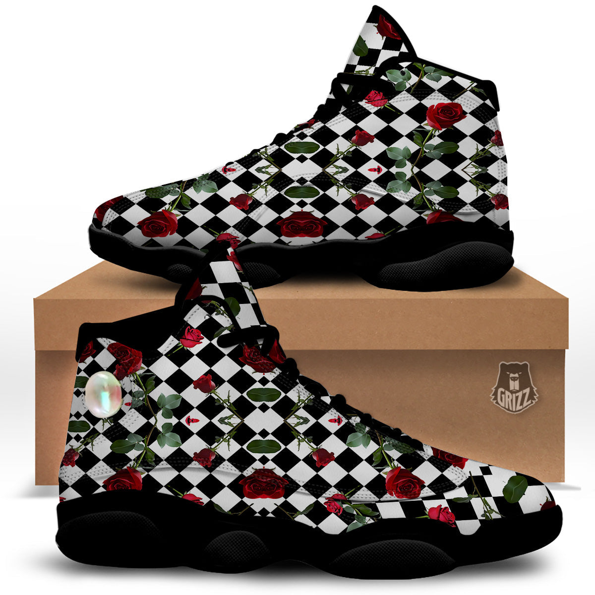 Red Roses And Argyle Print Pattern Black Basketball Shoes-grizzshop