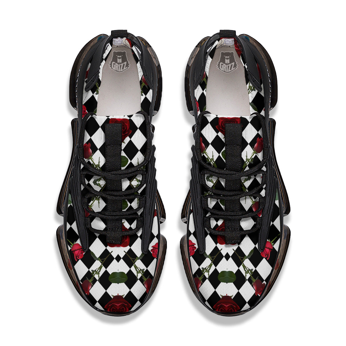 Red Roses And Argyle Print Pattern Black Gym Shoes-grizzshop