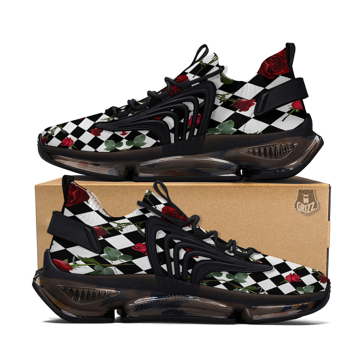 Red Roses And Argyle Print Pattern Black Gym Shoes-grizzshop