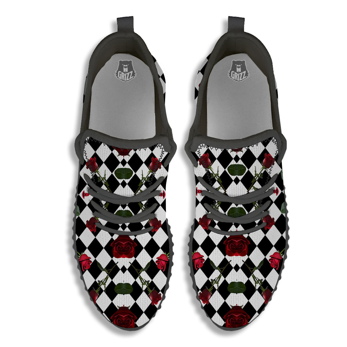 Red Roses And Argyle Print Pattern Black Walking Shoes-grizzshop