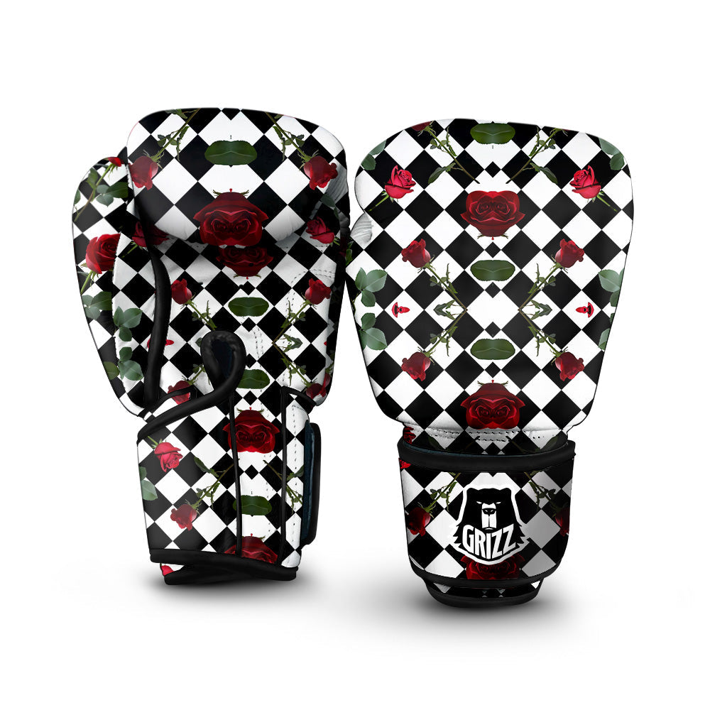 Red Roses And Argyle Print Pattern Boxing Gloves-grizzshop