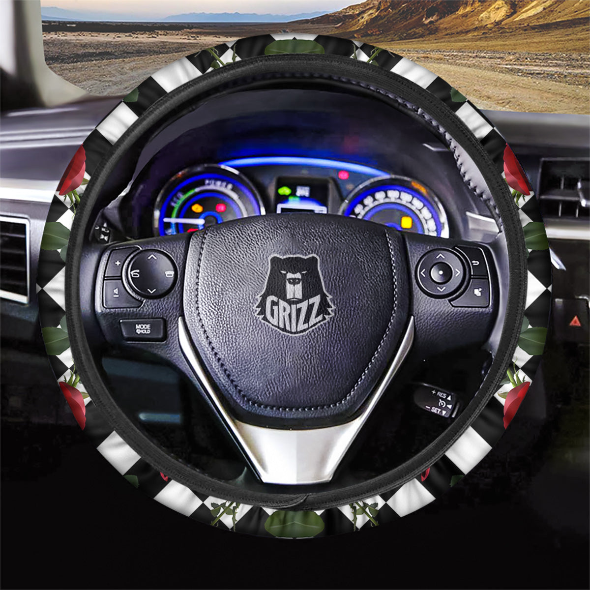 Red Roses And Argyle Print Pattern Car Steering Wheel Cover-grizzshop