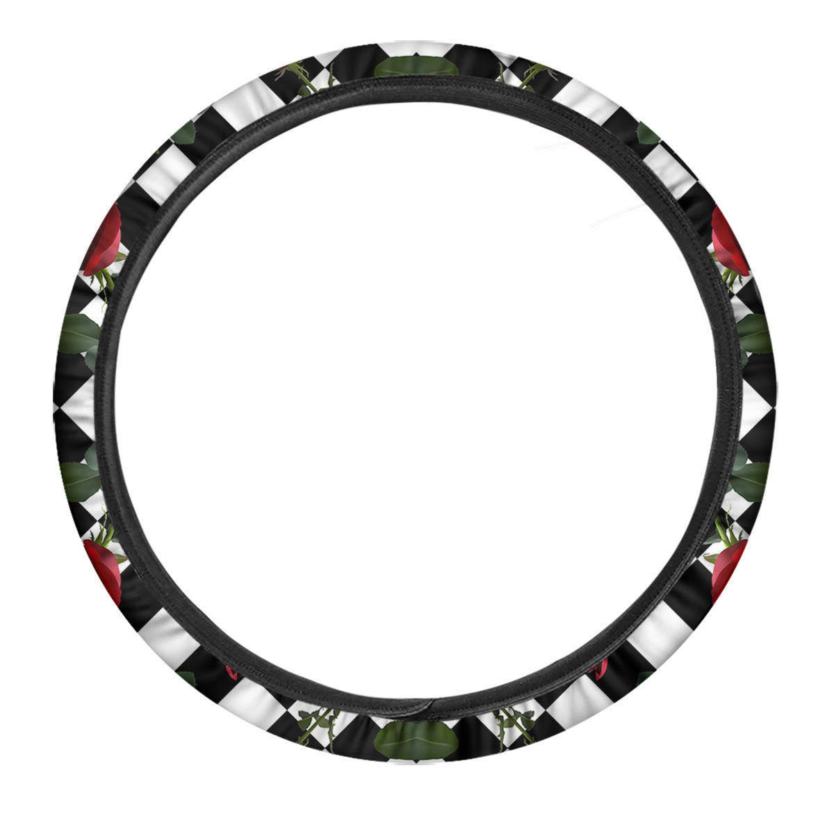 Red Roses And Argyle Print Pattern Car Steering Wheel Cover-grizzshop