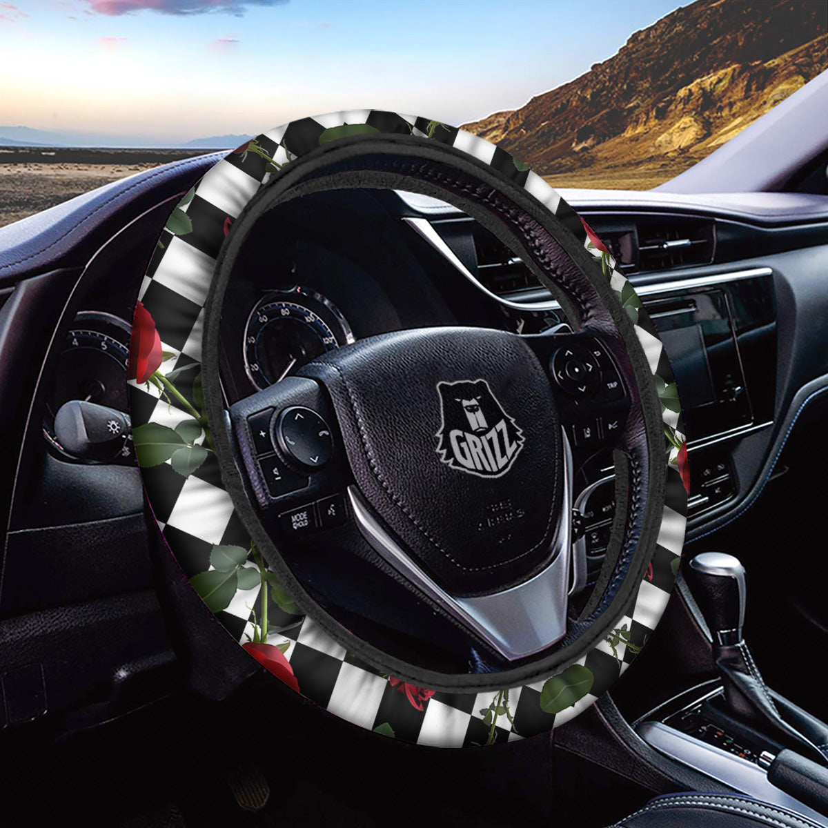 Red Roses And Argyle Print Pattern Car Steering Wheel Cover-grizzshop