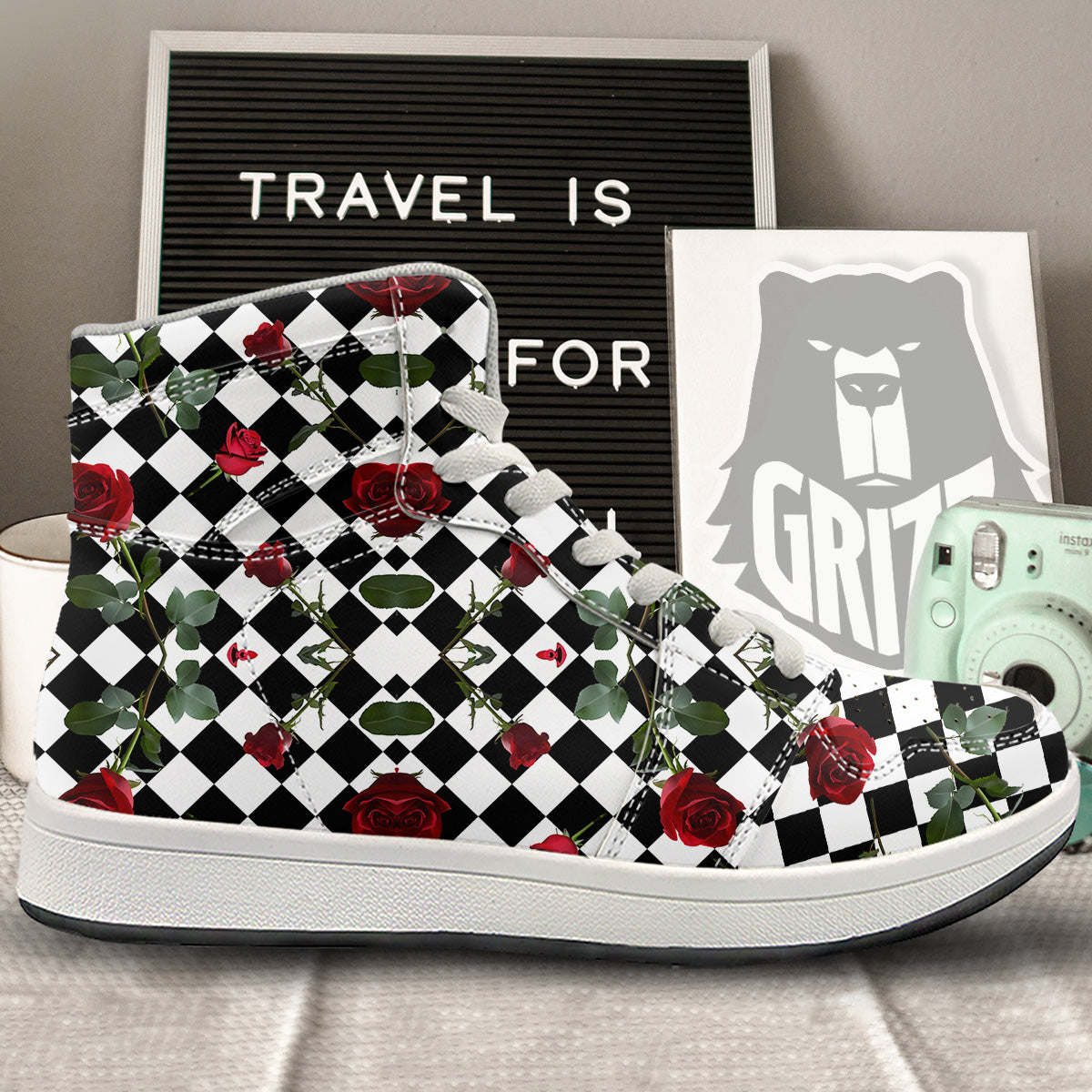 Red Roses And Argyle Print Pattern High Top Sneakers-grizzshop