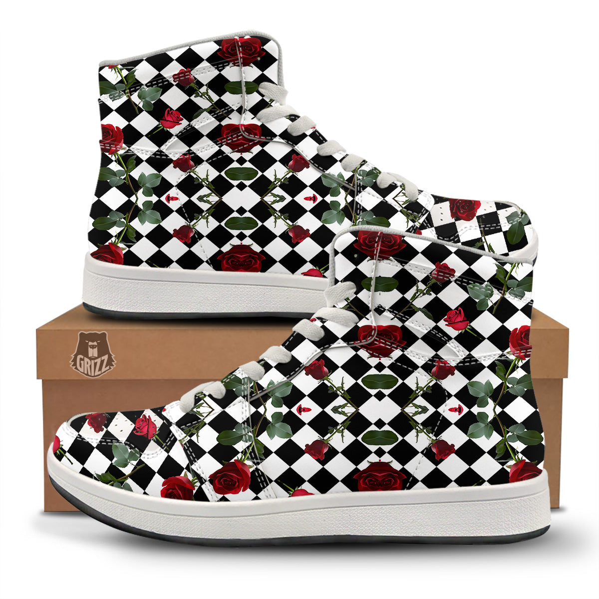 Red Roses And Argyle Print Pattern High Top Sneakers-grizzshop