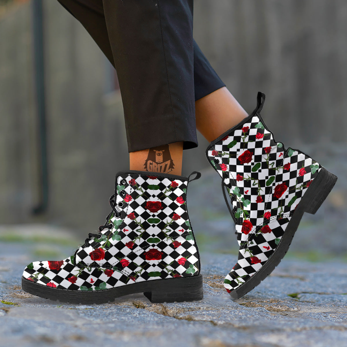 Red Roses And Argyle Print Pattern Leather Boots-grizzshop
