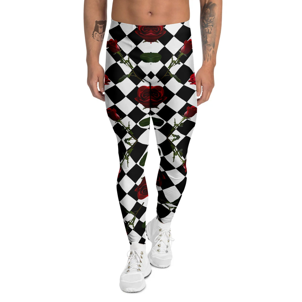 Red Roses And Argyle Print Pattern Men's Leggings-grizzshop