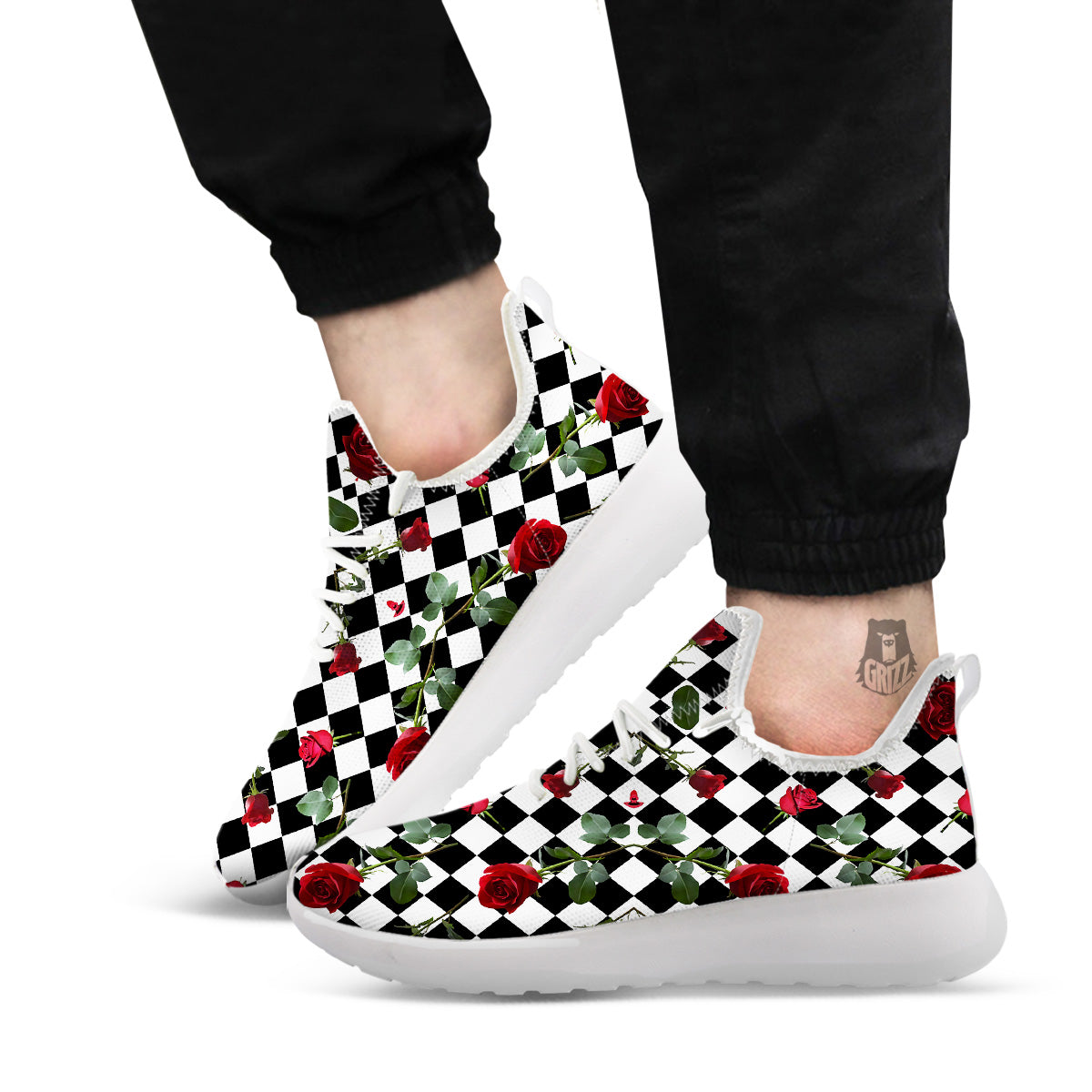 Red Roses And Argyle Print Pattern White Athletic Shoes-grizzshop