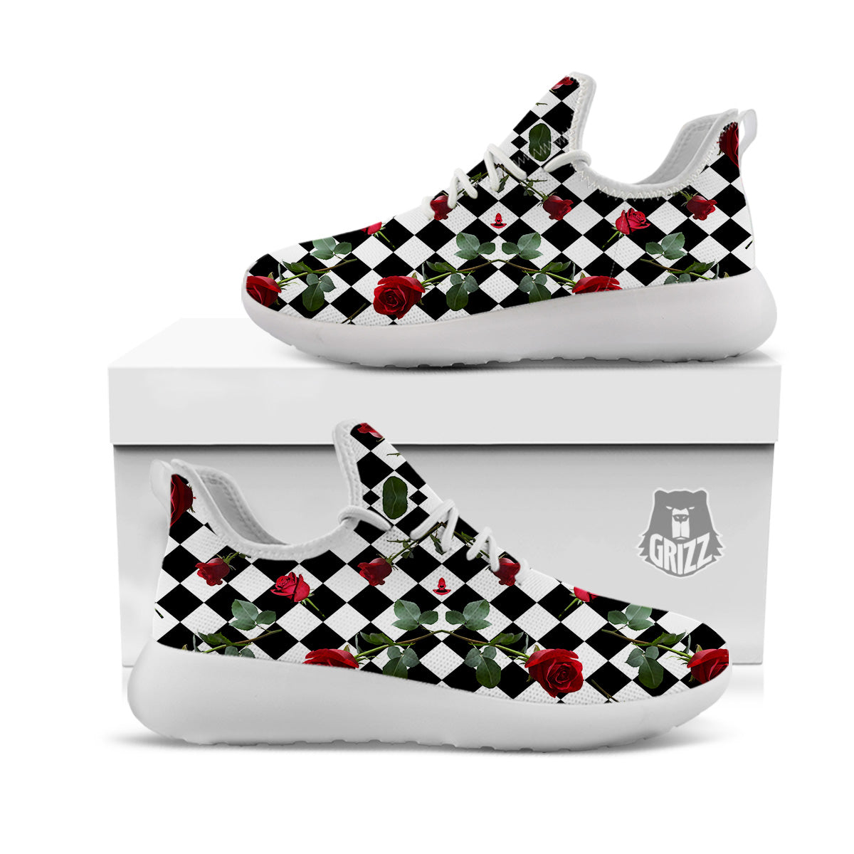 Red Roses And Argyle Print Pattern White Athletic Shoes-grizzshop