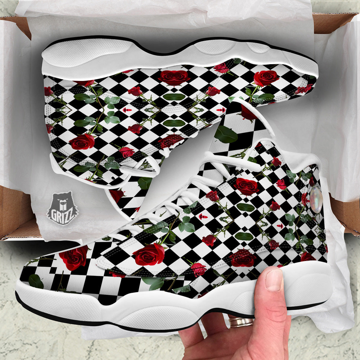 Red Roses And Argyle Print Pattern White Basketball Shoes-grizzshop