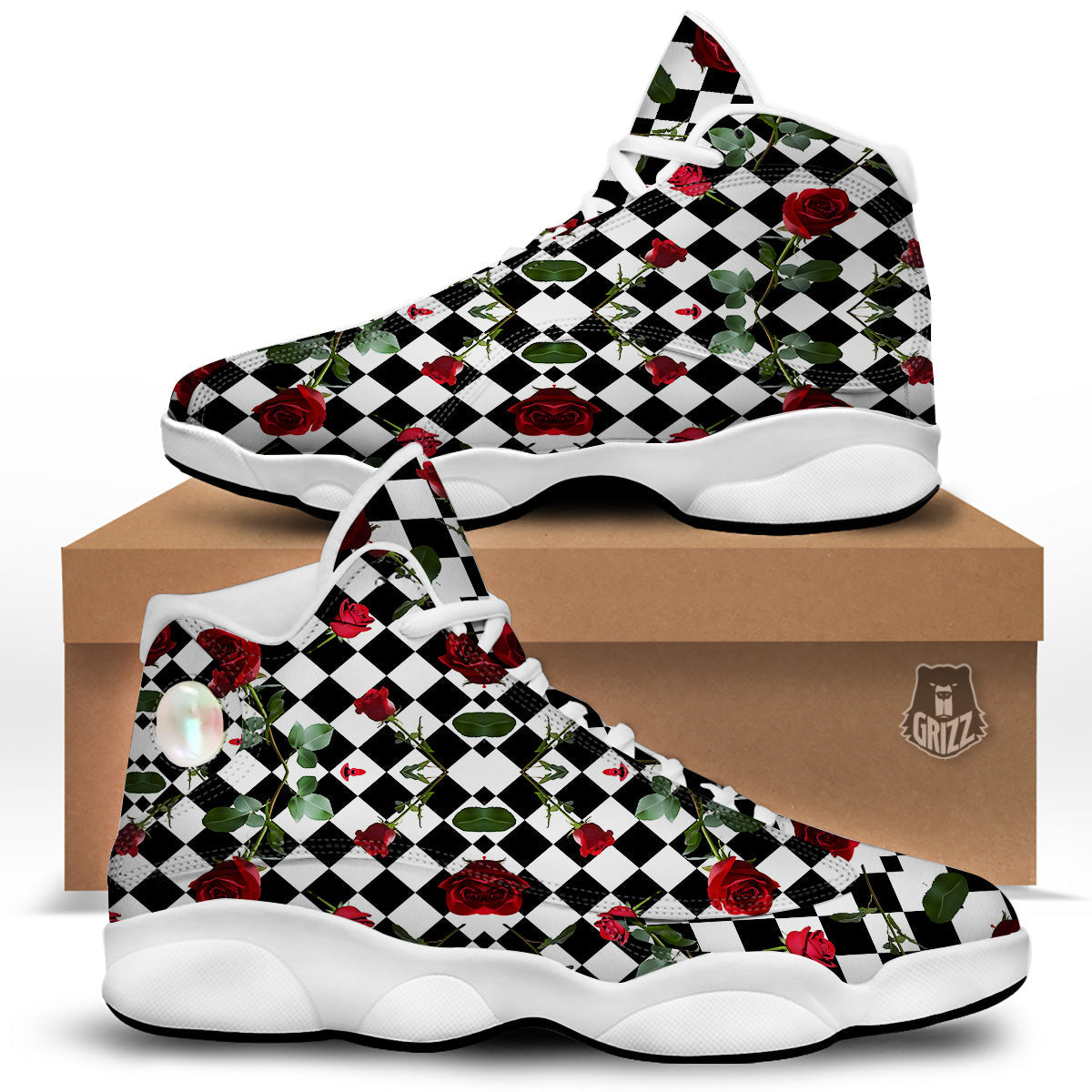 Red Roses And Argyle Print Pattern White Basketball Shoes-grizzshop