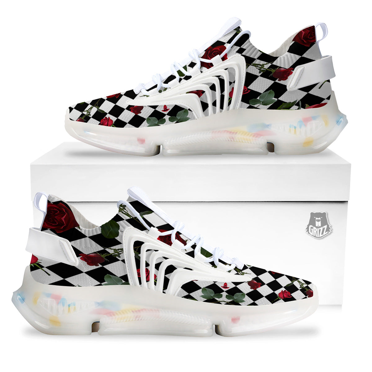 Red Roses And Argyle Print Pattern White Gym Shoes-grizzshop