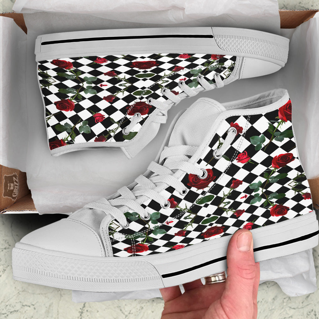Red Roses And Argyle Print Pattern White High Top Shoes-grizzshop