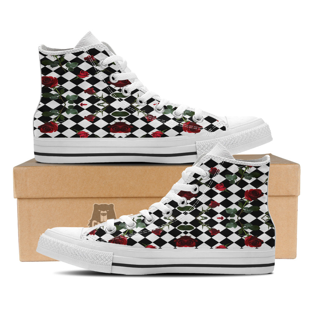 Red Roses And Argyle Print Pattern White High Top Shoes-grizzshop