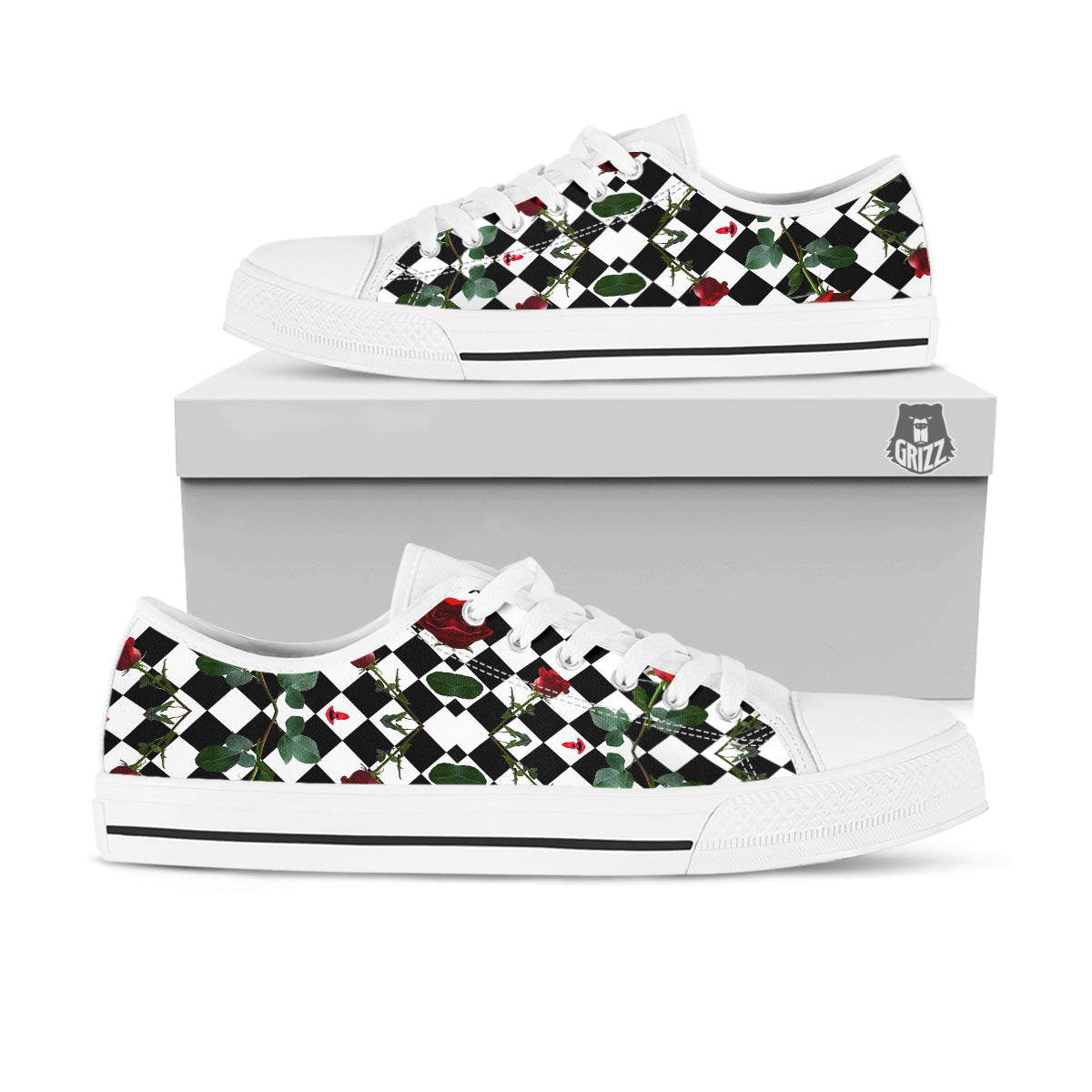 Red Roses And Argyle Print Pattern White Low Top Shoes-grizzshop