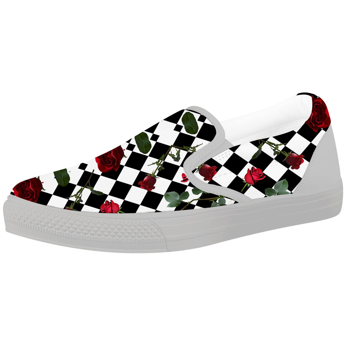 Red Roses And Argyle Print Pattern White Slip On Shoes-grizzshop