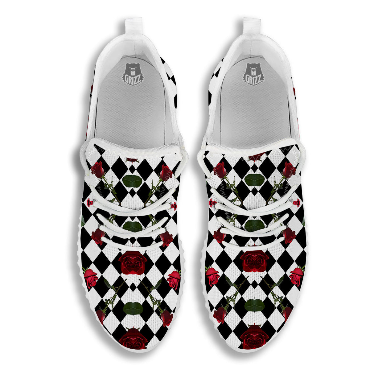 Red Roses And Argyle Print Pattern White Walking Shoes-grizzshop