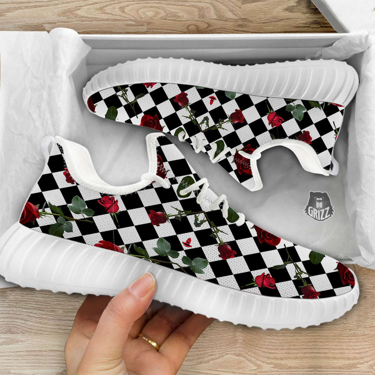 Red Roses And Argyle Print Pattern White Walking Shoes-grizzshop