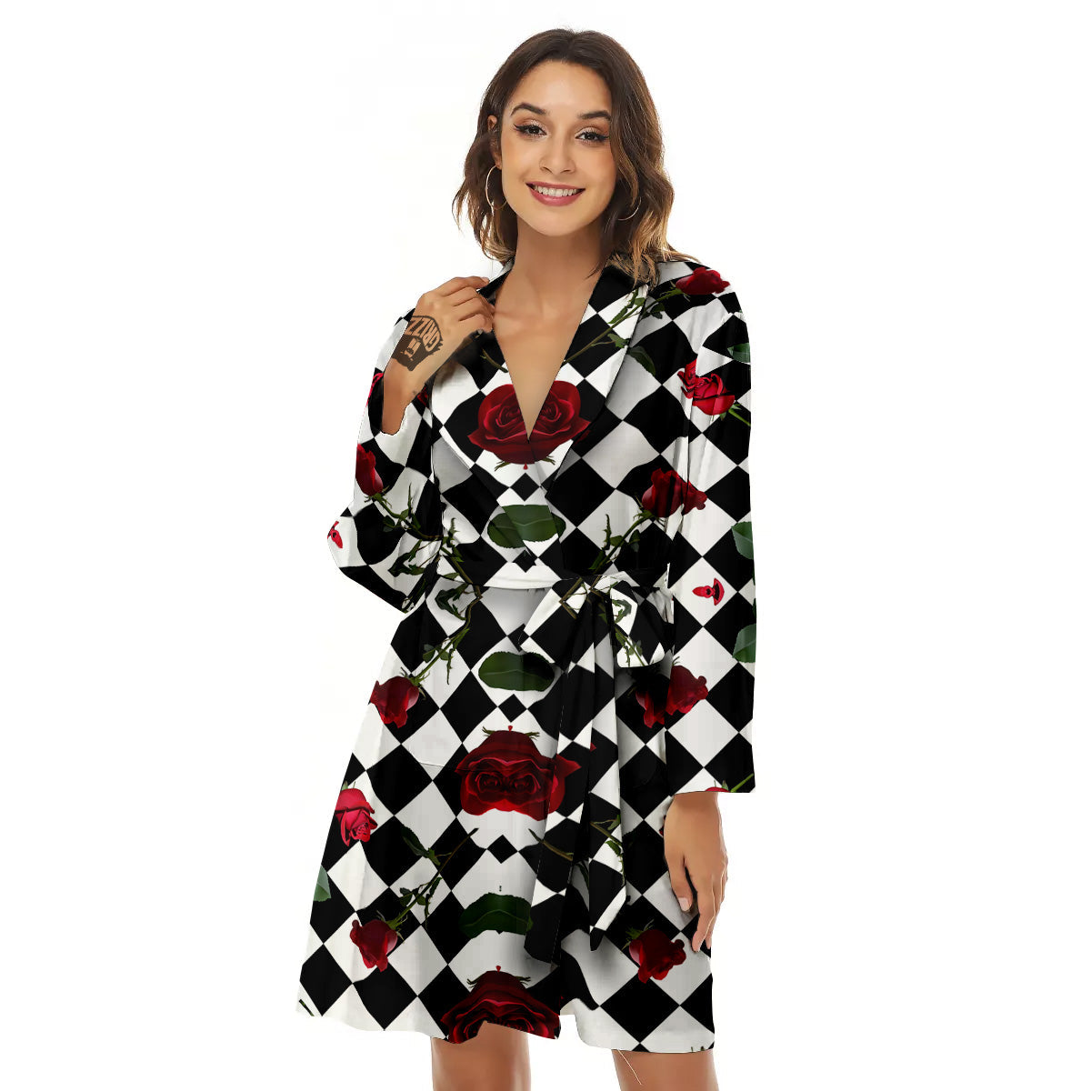Red Roses And Argyle Print Pattern Women's Robe-grizzshop