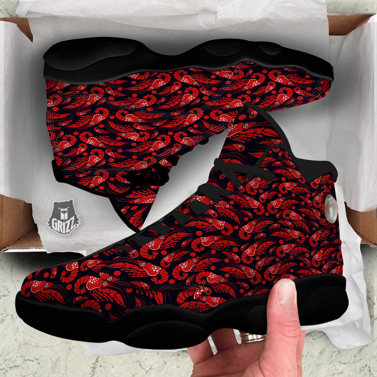 Red Shrimps Print Pattern Black Basketball Shoes-grizzshop