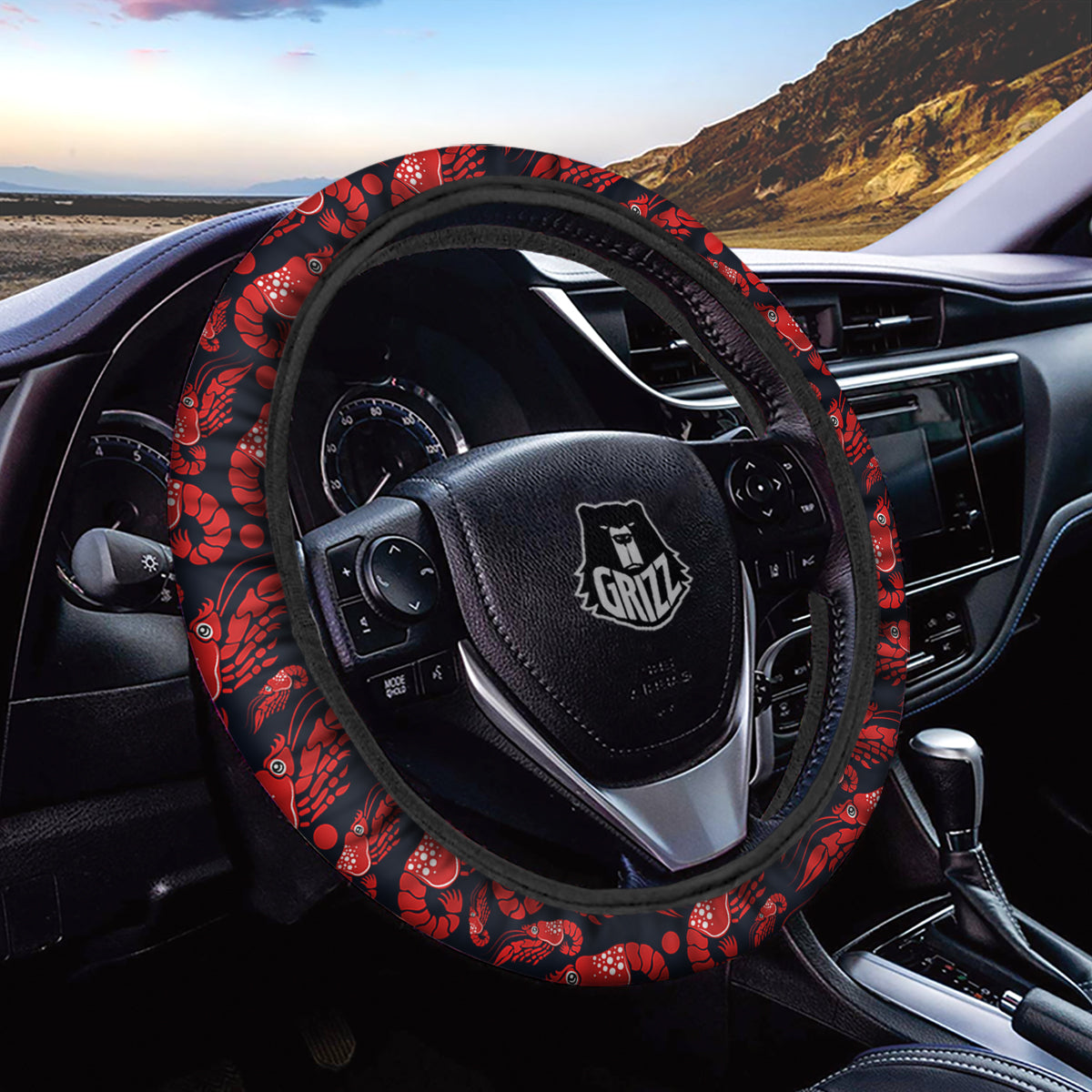 Red Shrimps Print Pattern Car Steering Wheel Cover-grizzshop