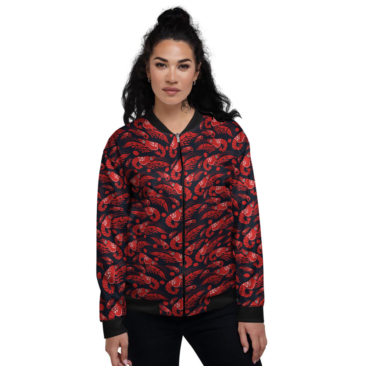 Red Shrimps Print Pattern Women's Bomber Jacket-grizzshop