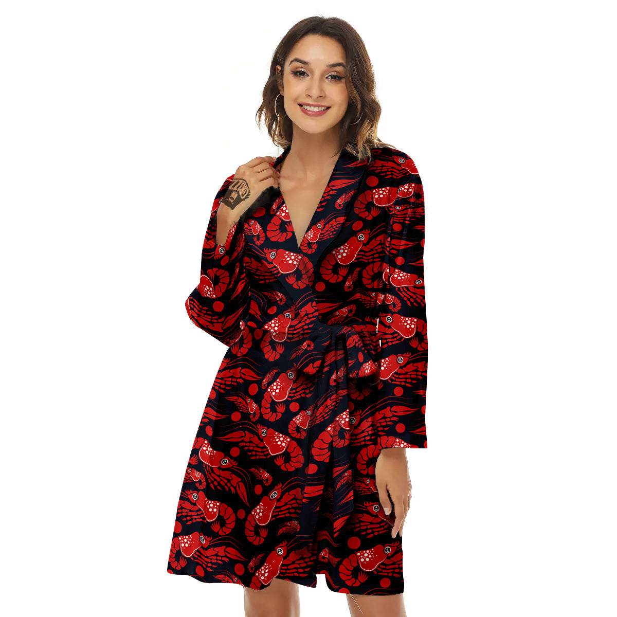 Red Shrimps Print Pattern Women's Robe-grizzshop