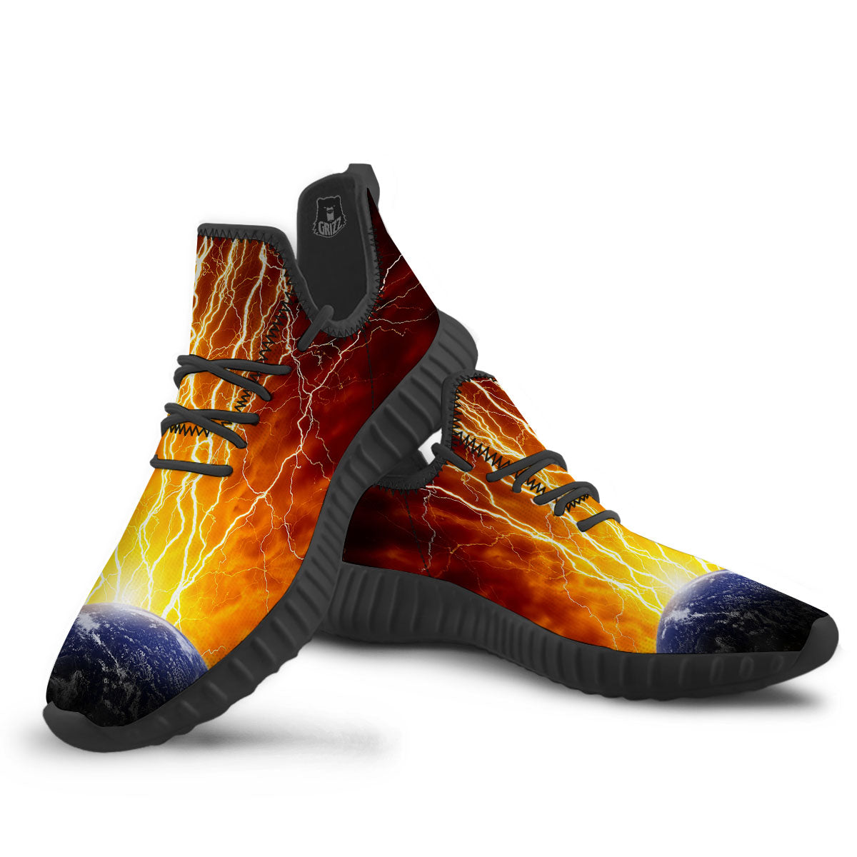 Red Sky With Lightnings Print Black Walking Shoes-grizzshop