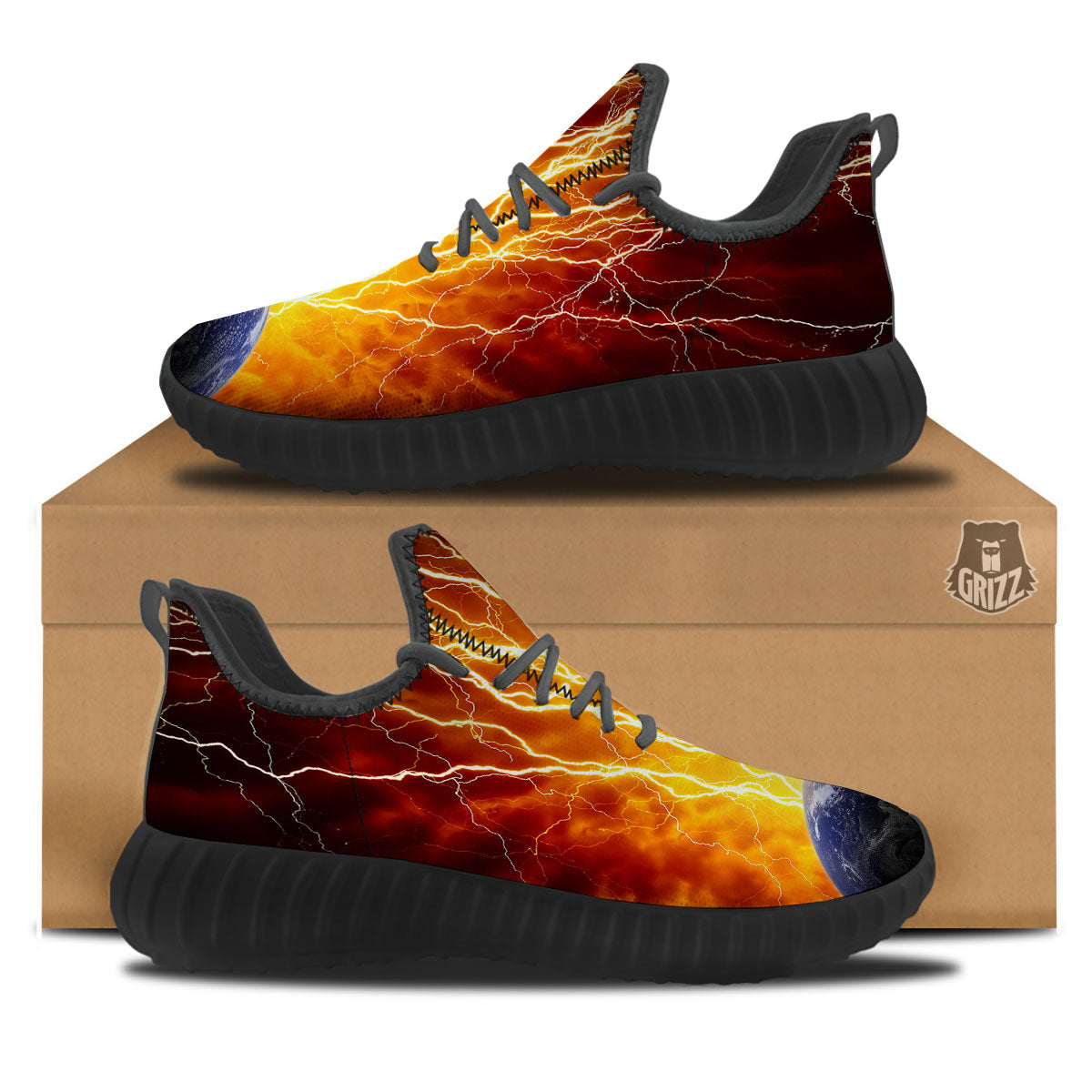Red Sky With Lightnings Print Black Walking Shoes-grizzshop