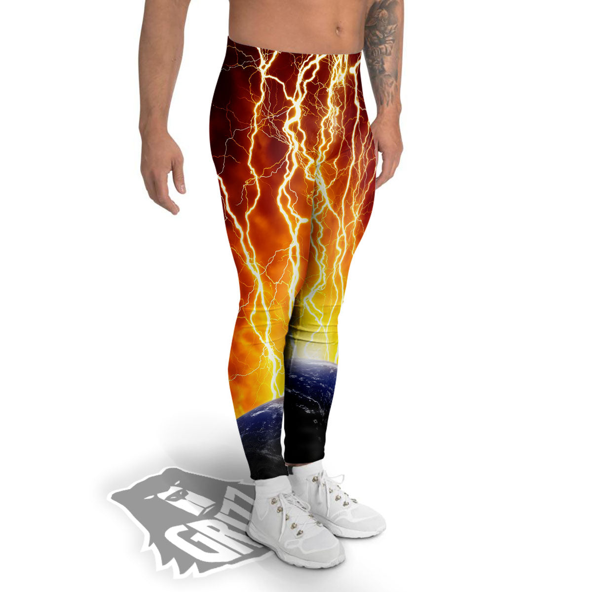 Red Sky With Lightnings Print Men's Leggings-grizzshop
