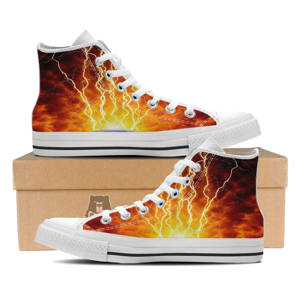 Red Sky With Lightnings Print White High Top Shoes-grizzshop