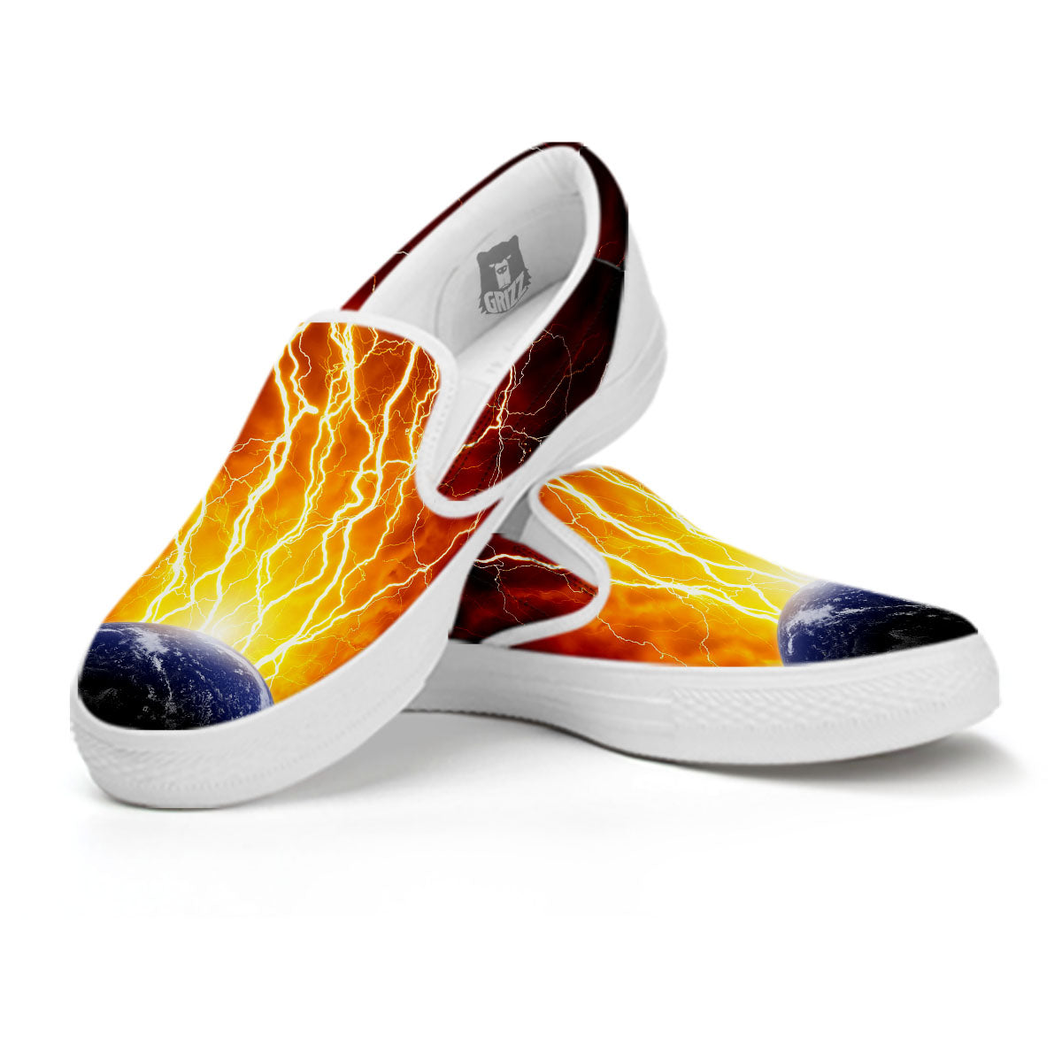 Red Sky With Lightnings Print White Slip On Shoes-grizzshop