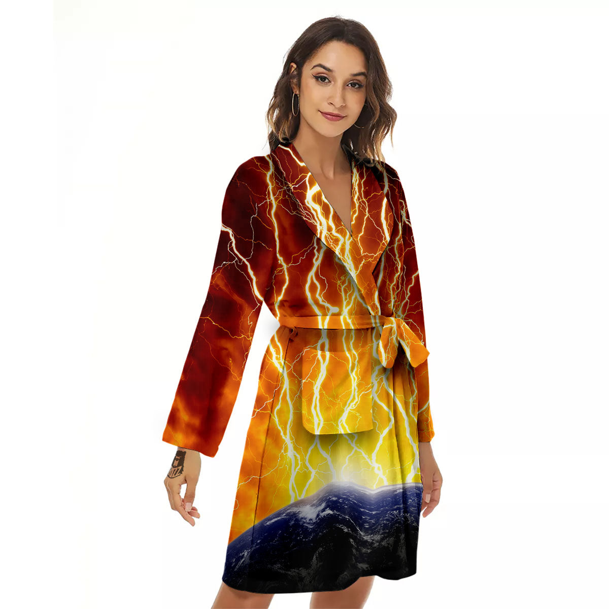 Red Sky With Lightnings Print Women's Robe-grizzshop