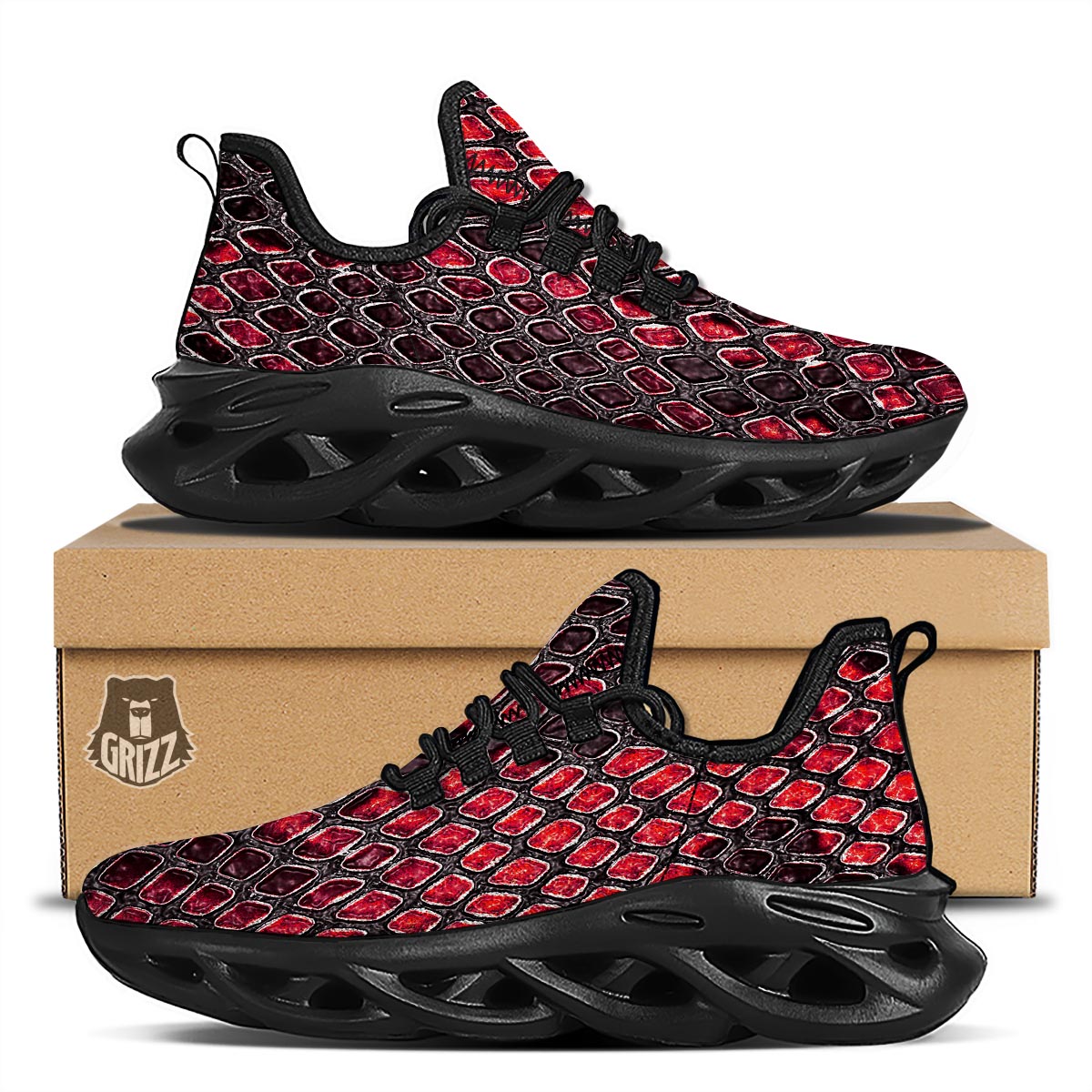 Red Snakeskin print Black Running Shoes-grizzshop