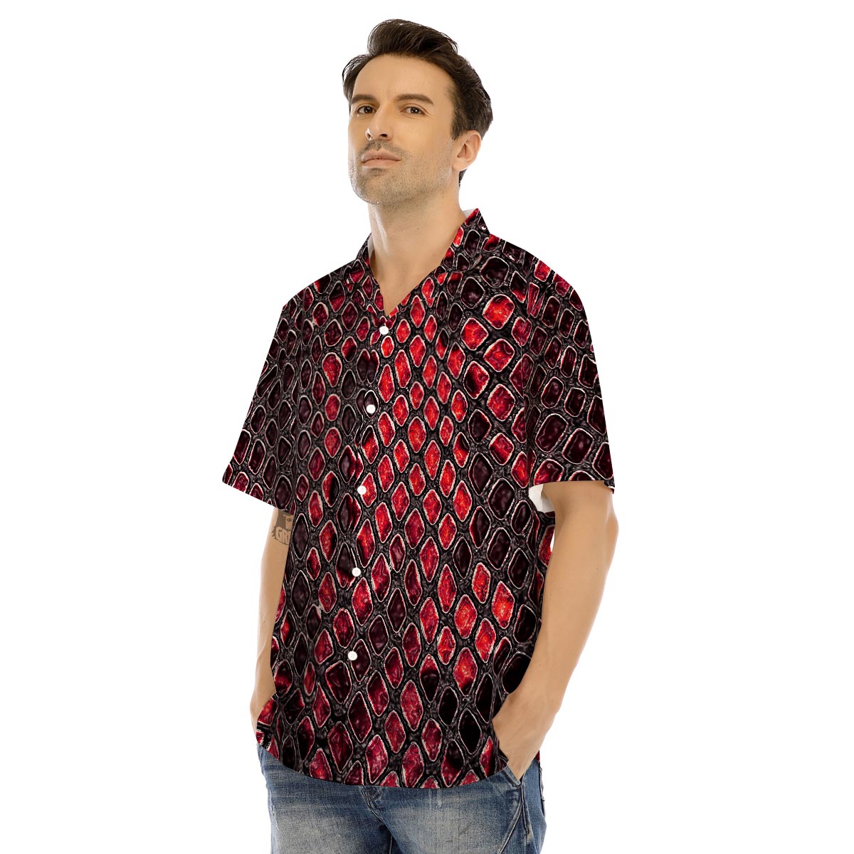 Red Snakeskin print Men’s Hawaiian Shirt-grizzshop