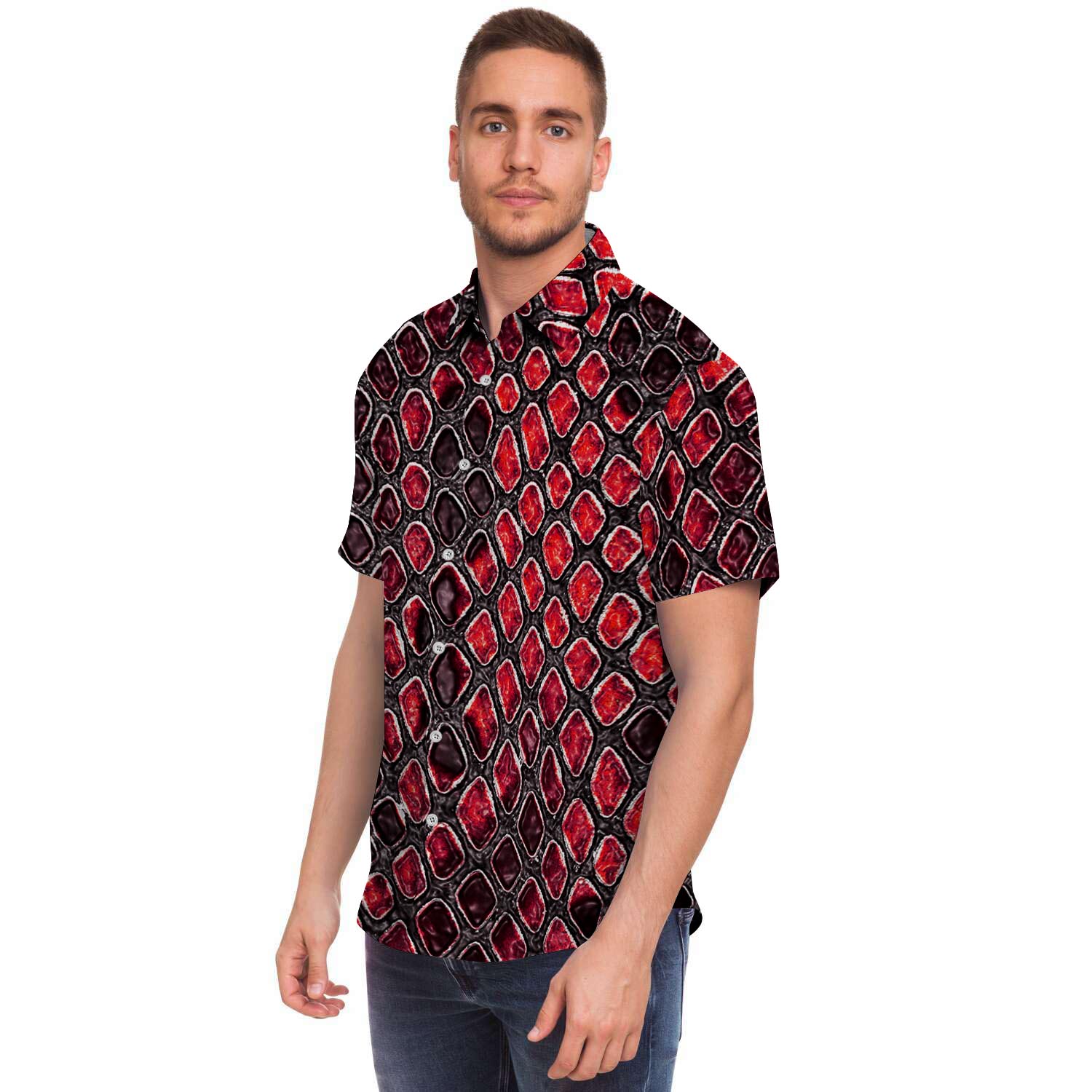 Red Snakeskin print Men's Short Sleeve Shirt-grizzshop