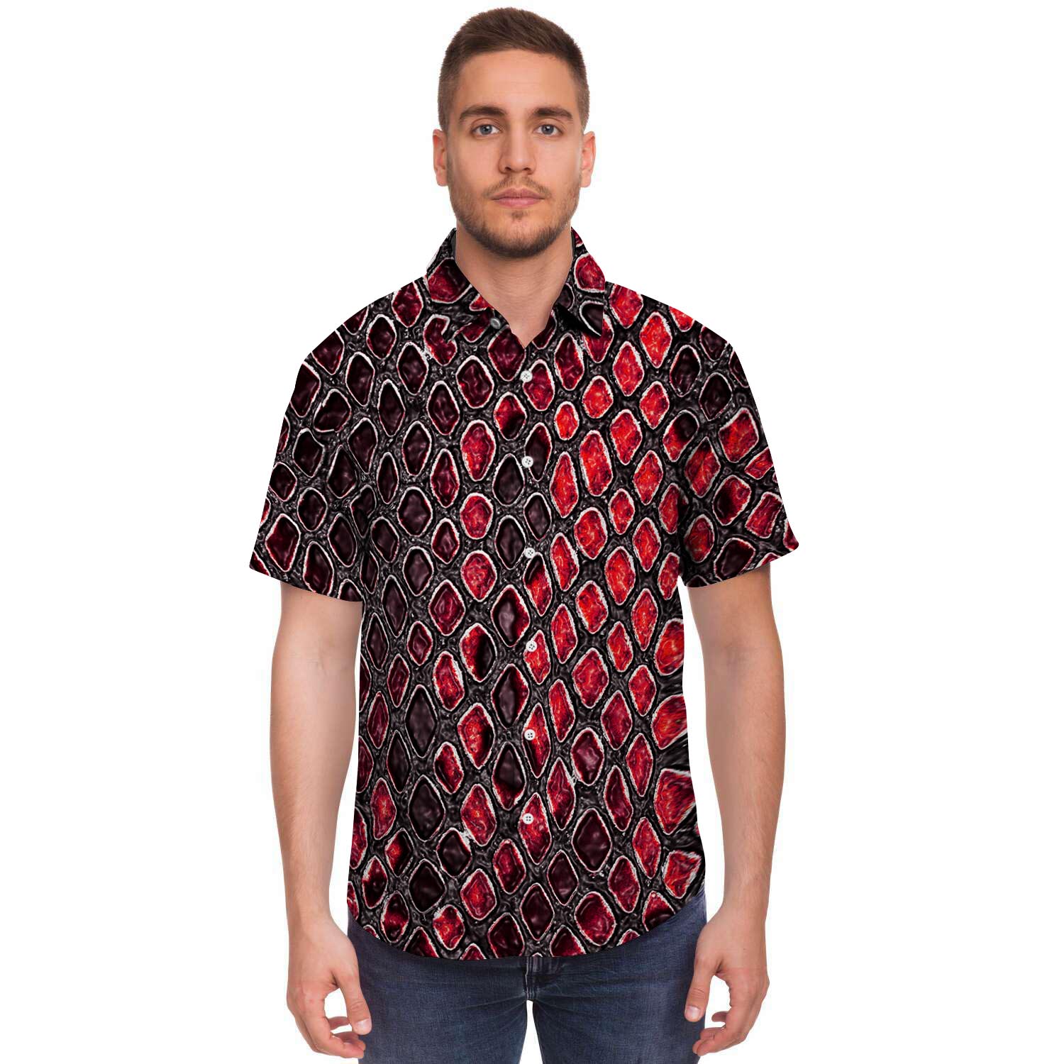 Red Snakeskin print Men's Short Sleeve Shirt-grizzshop