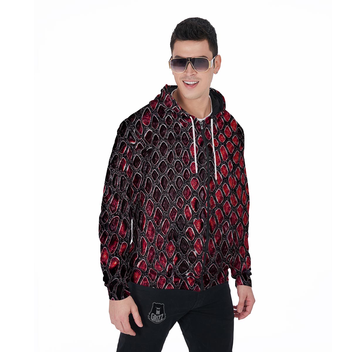 Red Snakeskin print Men's Zip Up Hoodie-grizzshop
