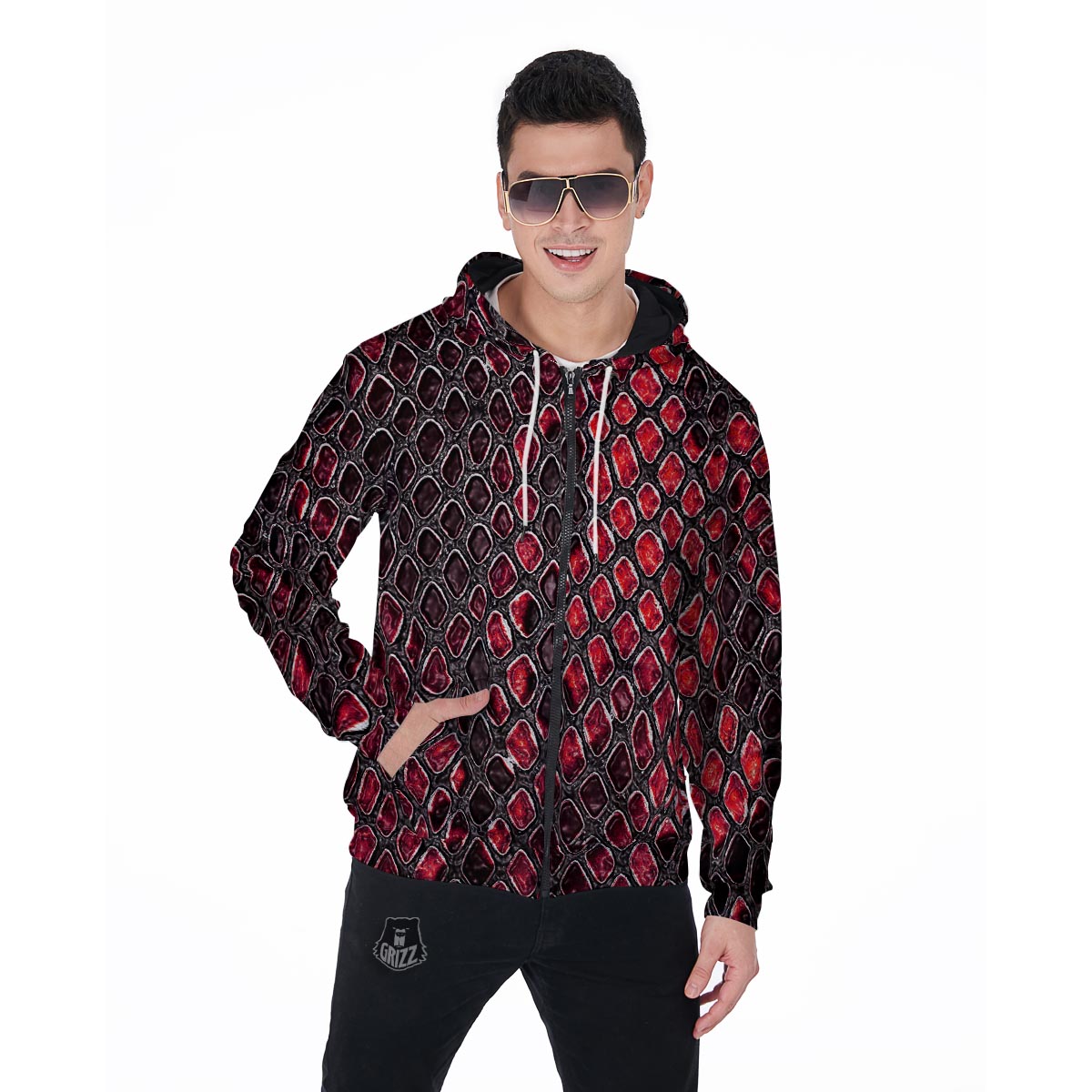 Red Snakeskin print Men's Zip Up Hoodie-grizzshop