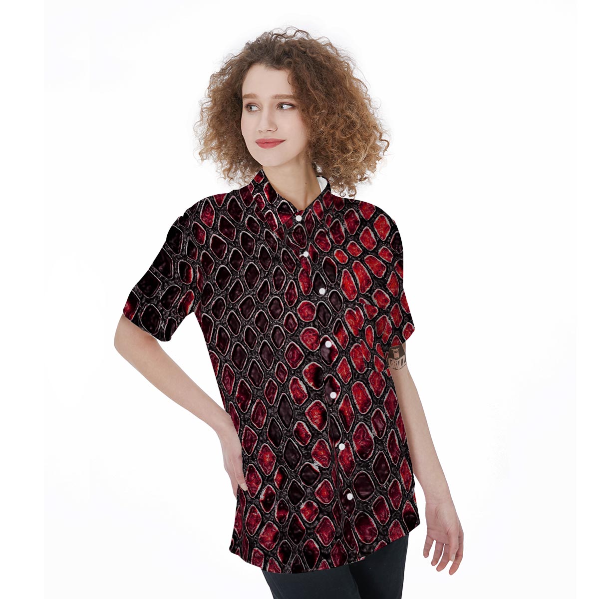 Red Snakeskin print Women's Short Sleeve Shirts-grizzshop