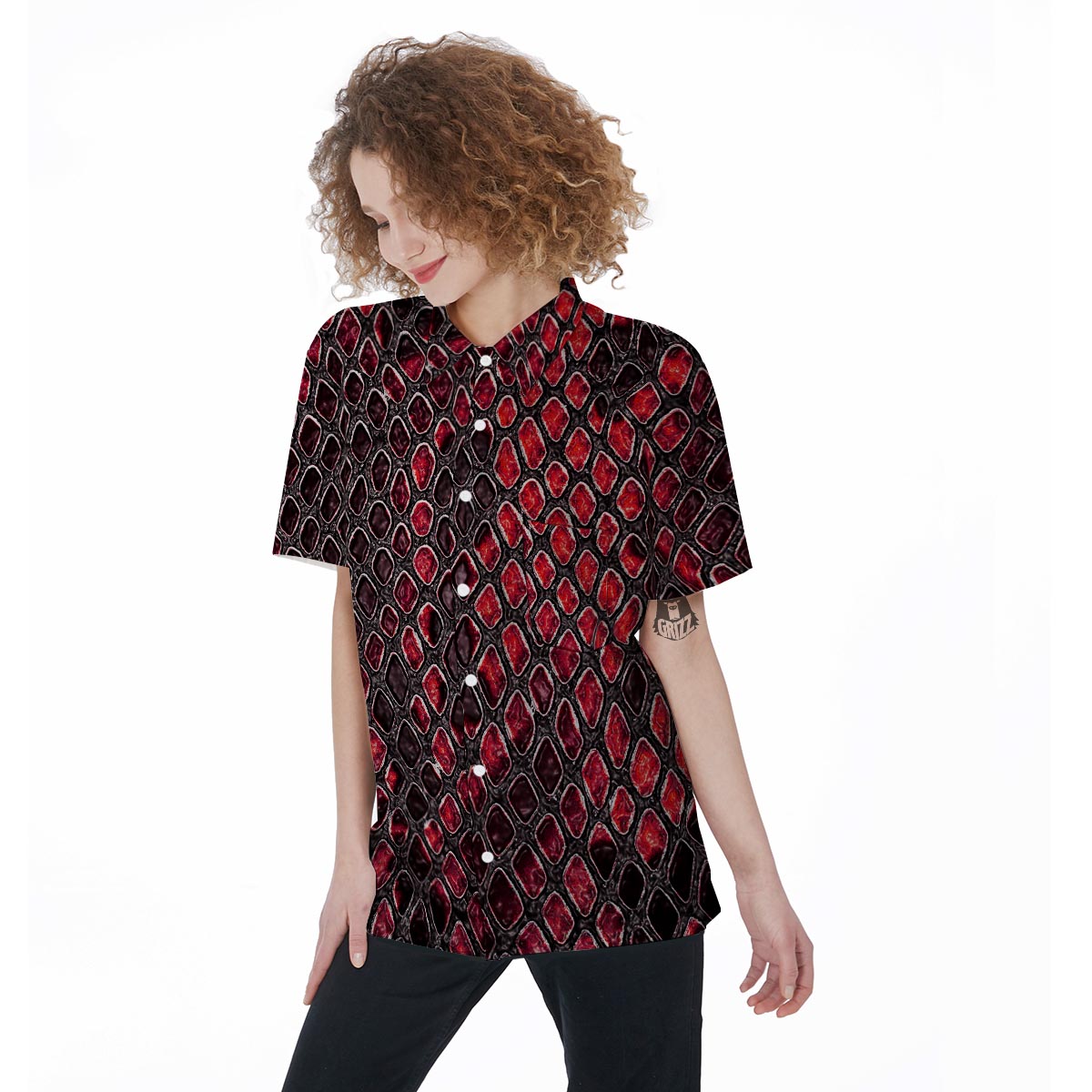 Red Snakeskin print Women's Short Sleeve Shirts-grizzshop