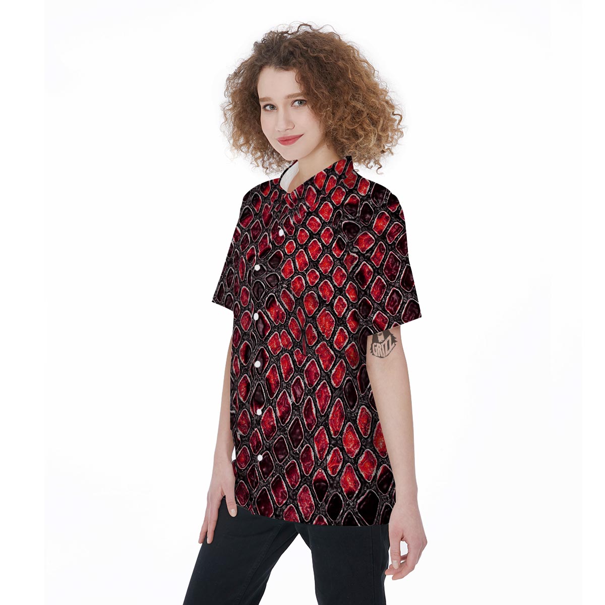 Red Snakeskin print Women's Short Sleeve Shirts-grizzshop