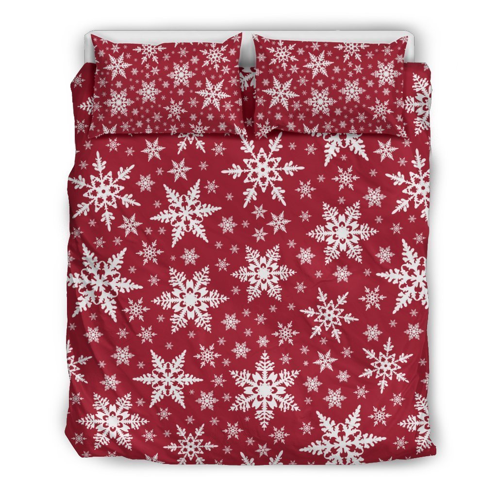 Red Snowflake Pattern Print Duvet Cover Bedding Set-grizzshop